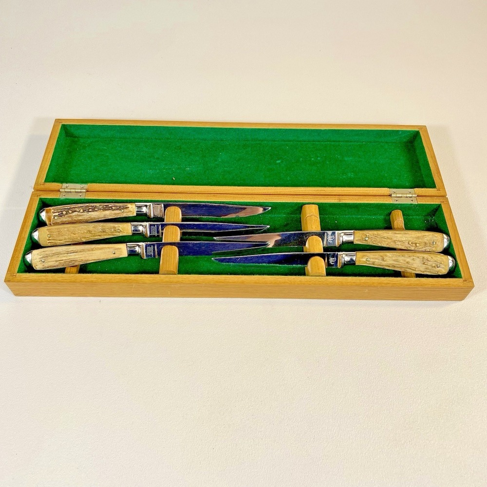 Vintage Abercrombie & Fitch Germany Stag Handle Steak Knives Set of 5 w/ Box